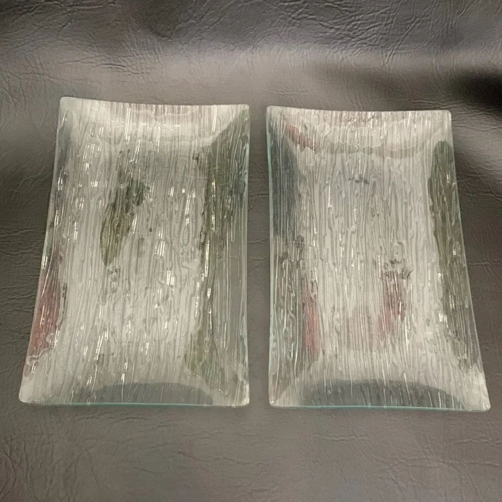Sushi Serving Plate Platter 2 Textured Glass Grain Look Bottom 7 X 11 1/2 In